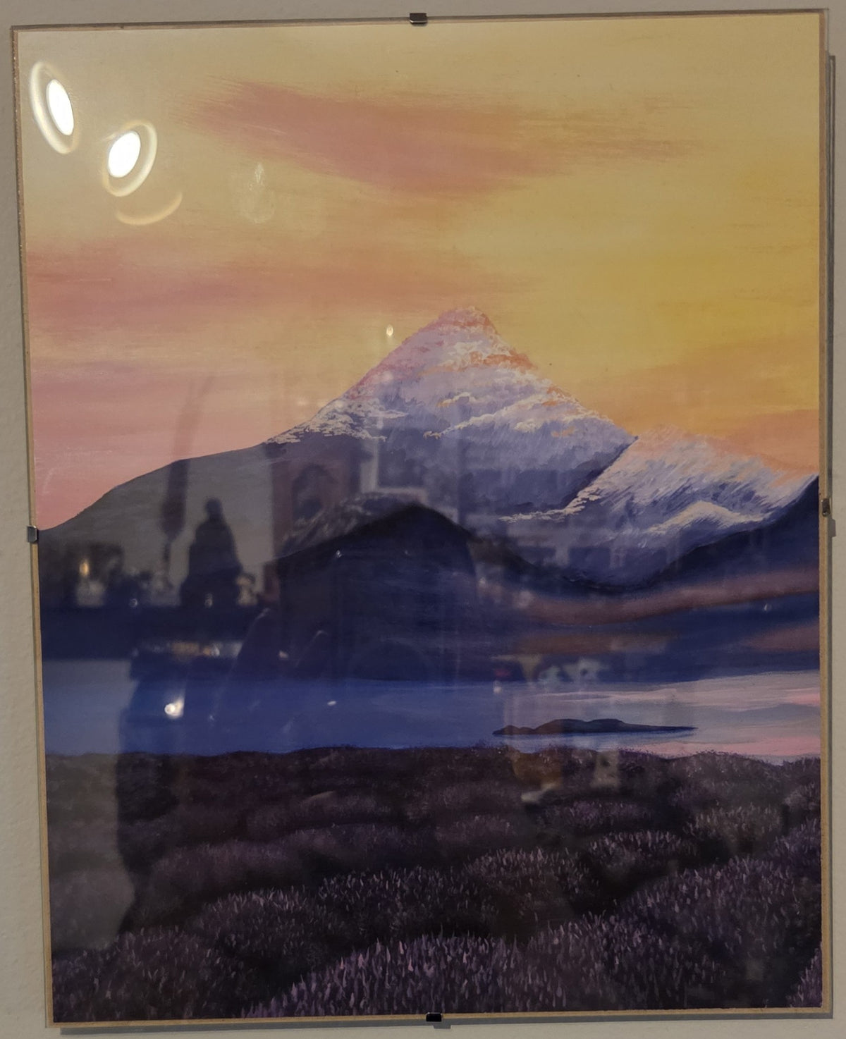 Lavender Field With A Mountain Glass Framed Print