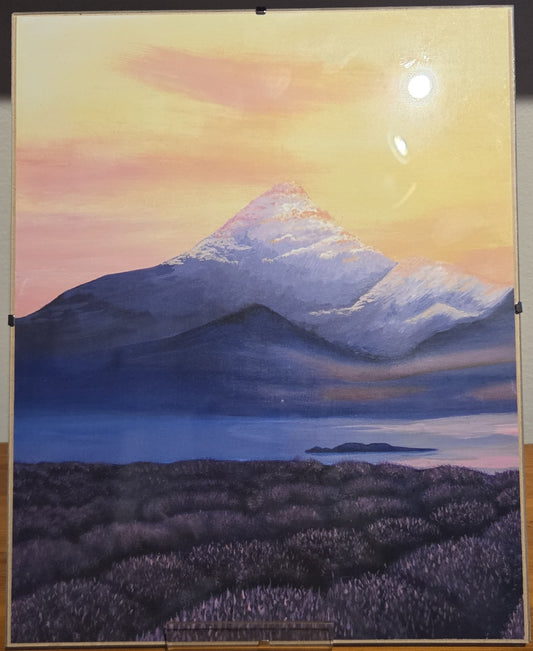 Lavender Field With A Mountain Glass Framed Print
