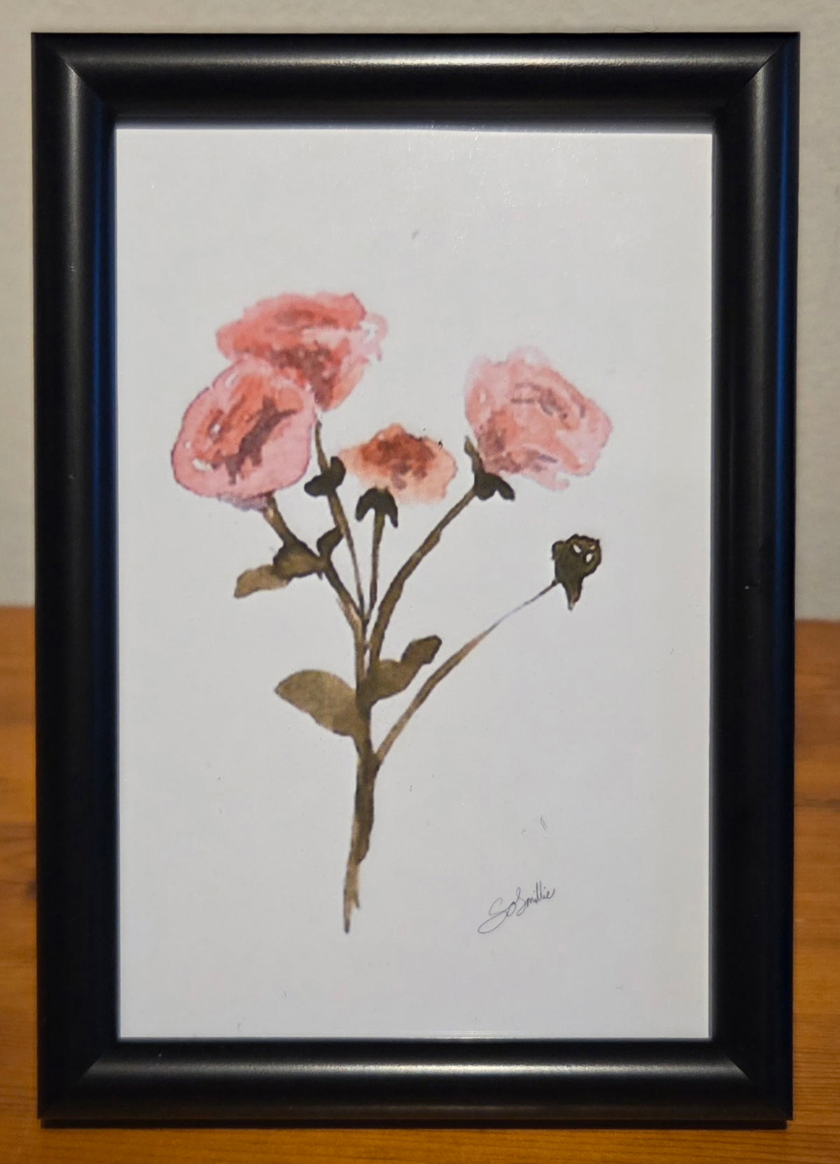 Four Pink Roses A6 Print in Black Frame