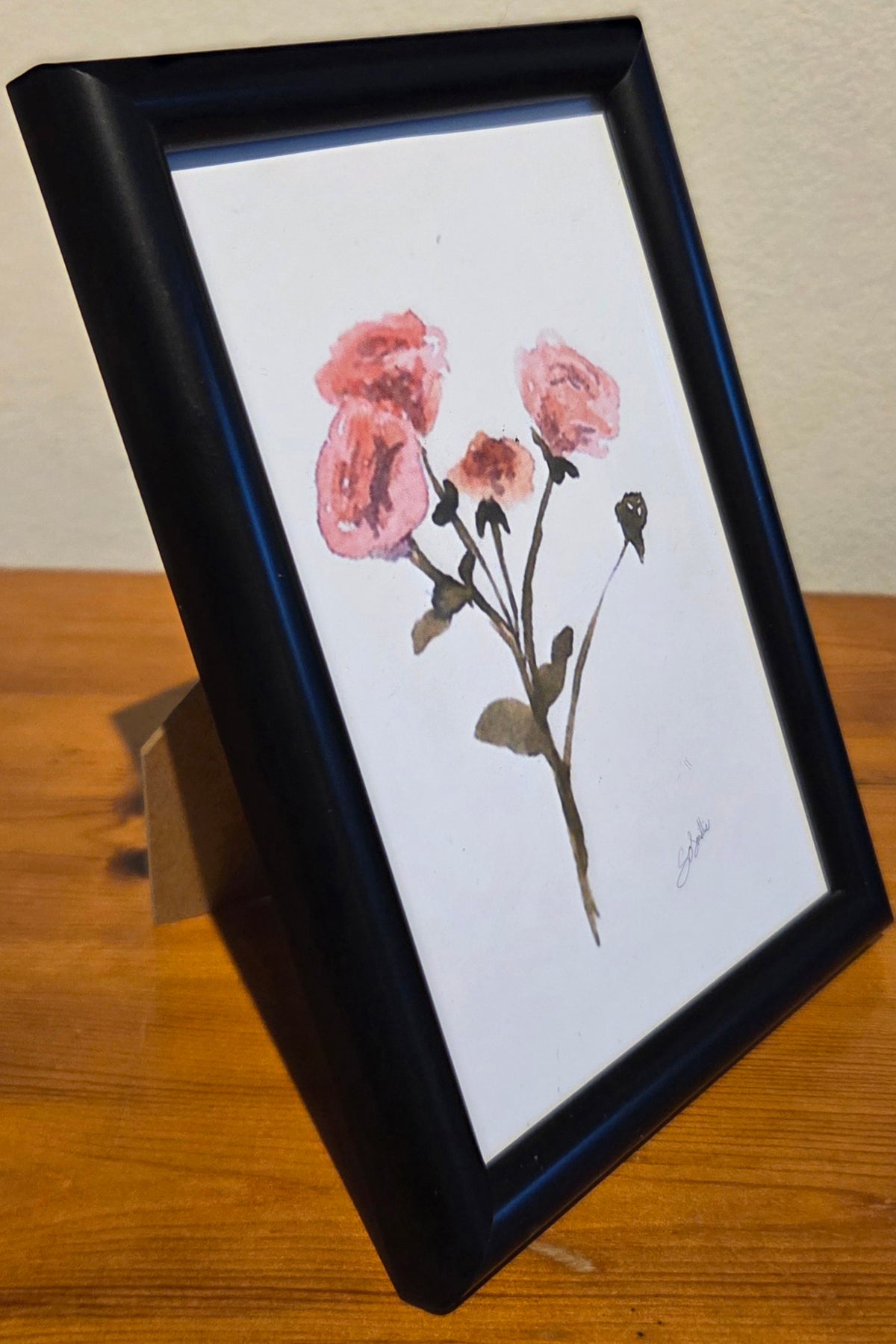 Four Pink Roses A6 Print in Black Frame