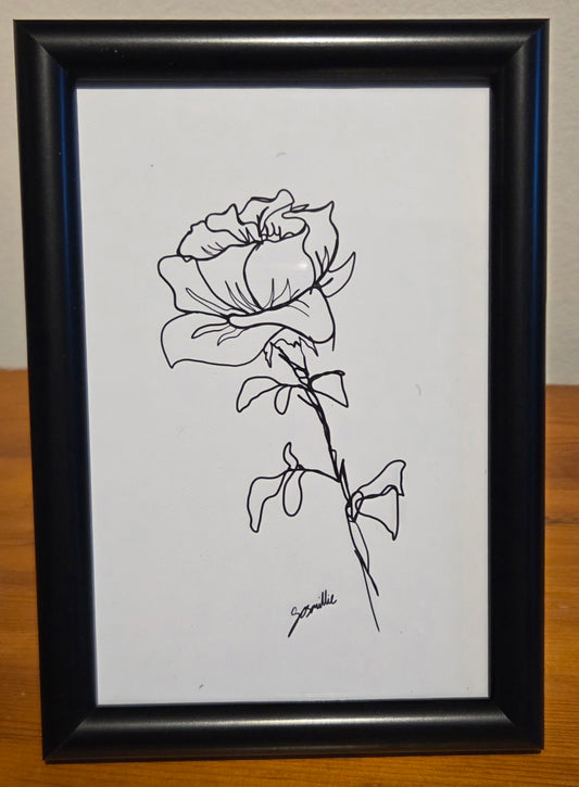Black & White Line Rose A6 Print In Black Frame