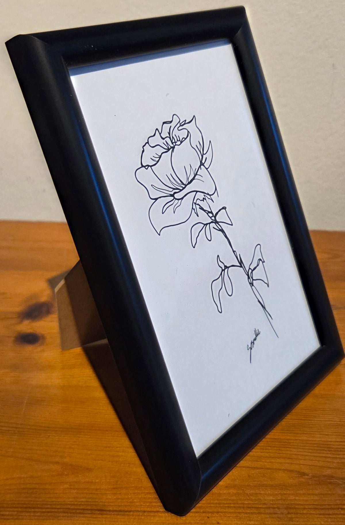 Black & White Line Rose A6 Print In Black Frame