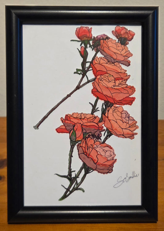 Orange Roses Tower A6 Print is Black Frame