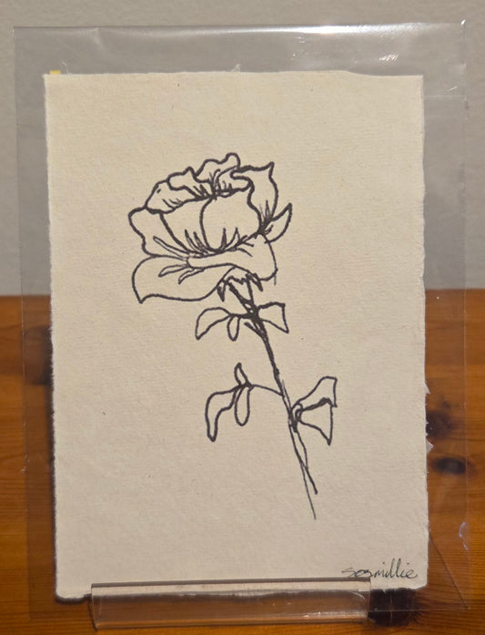 Black & White Line Rose A6 Print on Khadi Paper