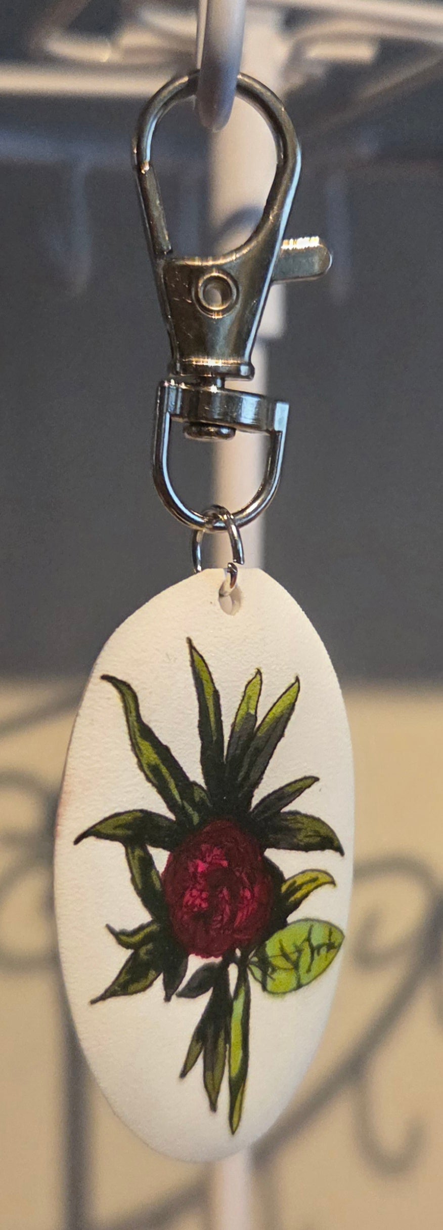 Single Peony with Leaves Keychain